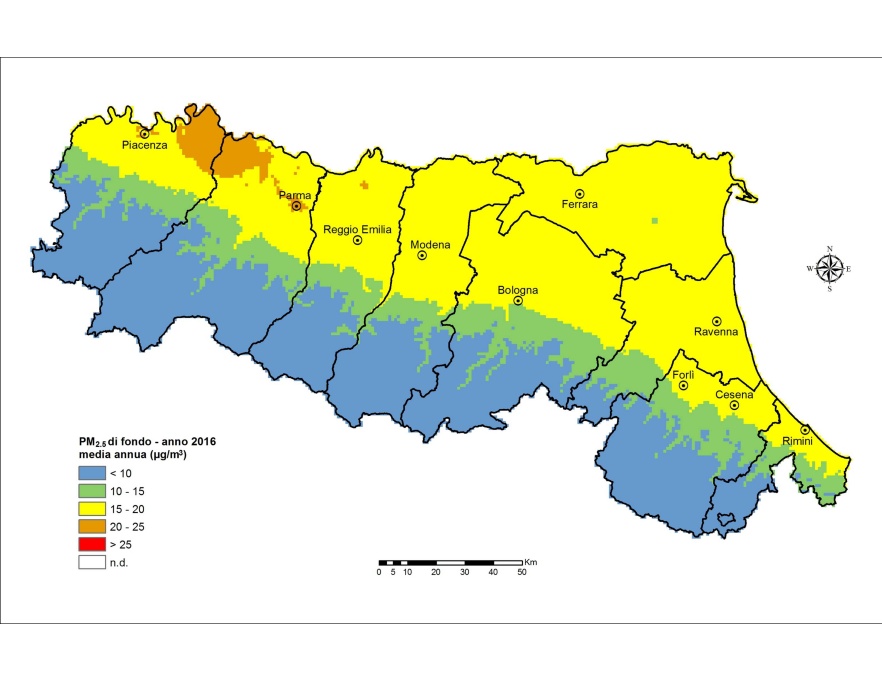 PM 2,5 - Distribuzione territoriale regionale della stima della concentrazione media annuale (2016)
