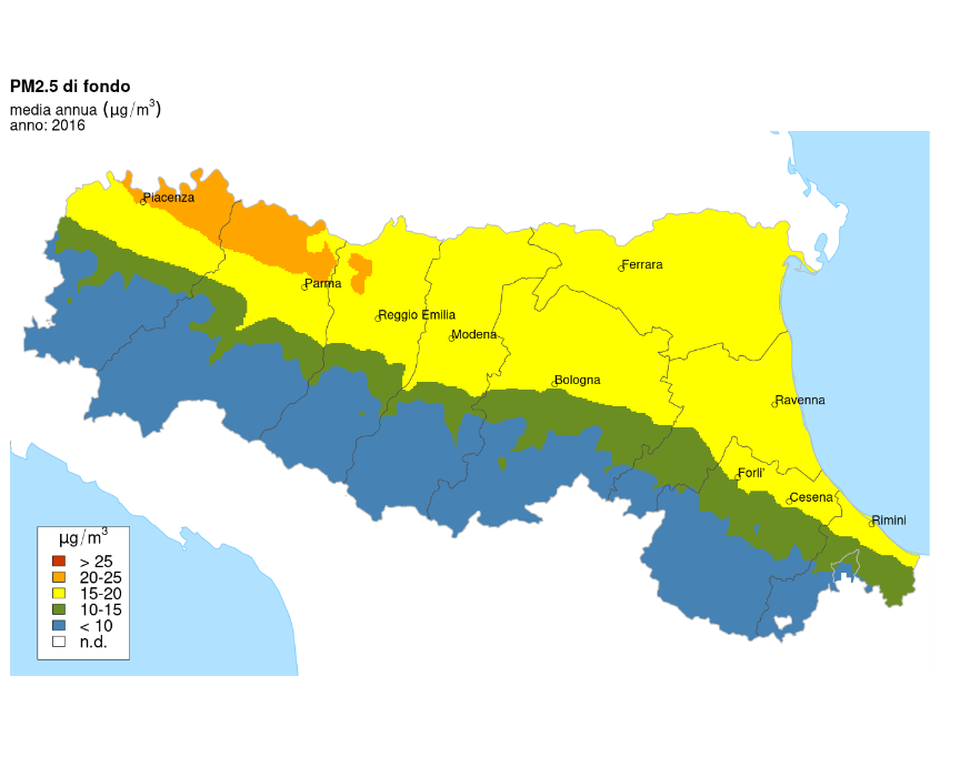PM 2,5 - Distribuzione territoriale regionale della stima della concentrazione media annuale (2016) 