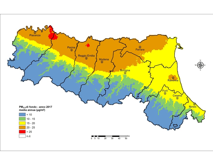 PM 2,5 - Distribuzione territoriale regionale della stima della concentrazione media annuale (2017)
