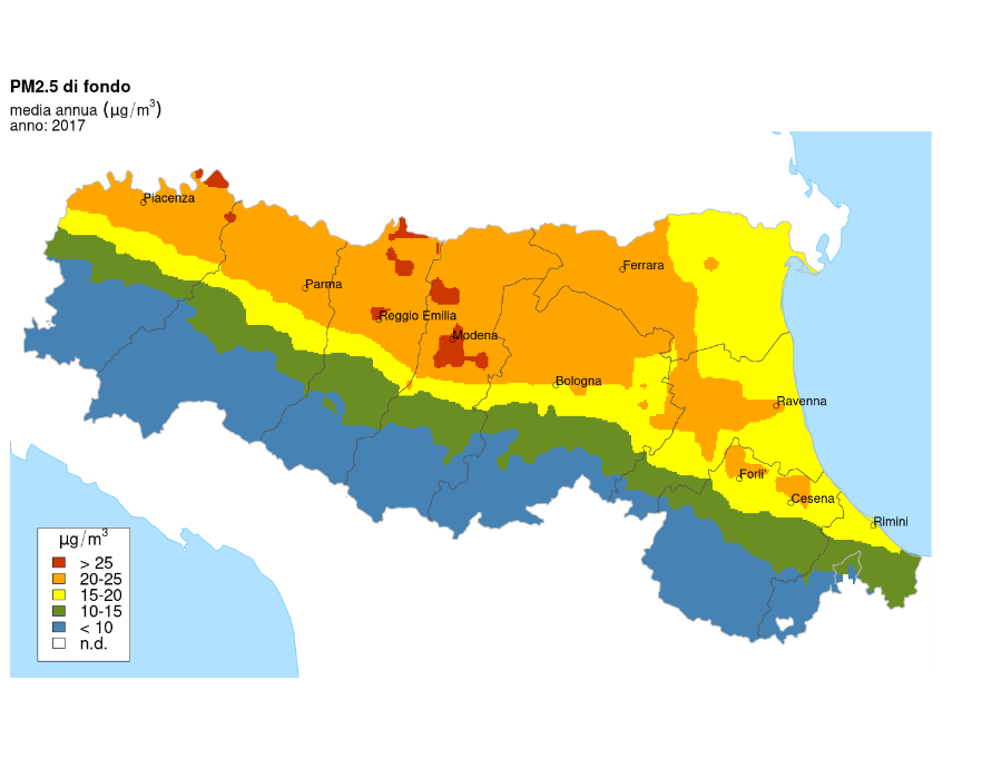 PM 2,5 - Distribuzione territoriale regionale della stima della concentrazione media annuale (2017) 
