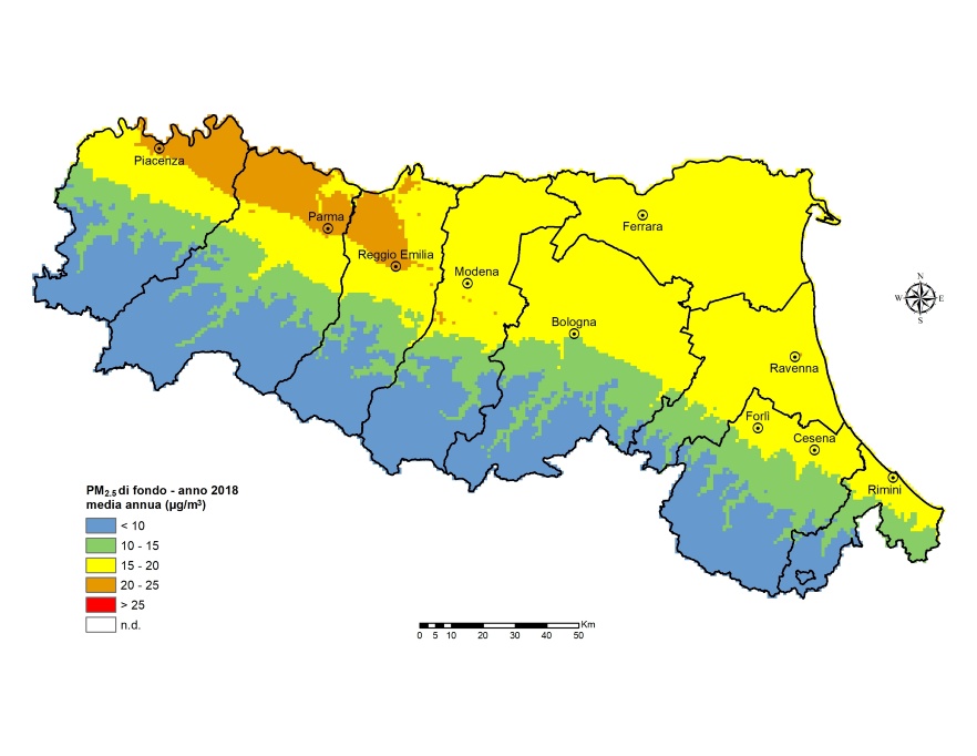 PM 2,5 - Distribuzione territoriale regionale della stima della concentrazione media annuale (2018)