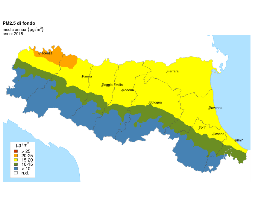 PM 2,5 - Distribuzione territoriale regionale della stima della concentrazione media annuale (2018) 
