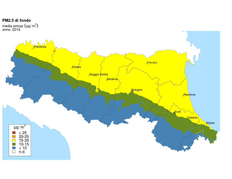PM 2,5 - Distribuzione territoriale regionale della stima della concentrazione media annuale (2019) 