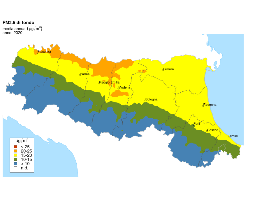PM 2,5 - Distribuzione territoriale regionale della stima della concentrazione media annuale (2020) 
