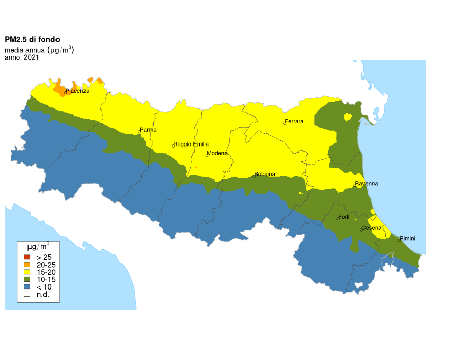 PM 2,5 - Distribuzione territoriale regionale della stima della concentrazione media annuale (2021) 