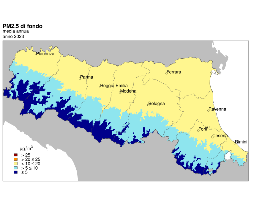 PM 2,5 - Distribuzione territoriale regionale della stima della concentrazione media annuale (2023) 