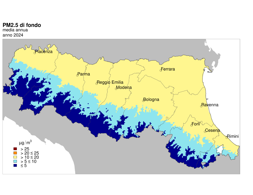 PM 2,5 - Distribuzione territoriale regionale della stima della concentrazione media annuale (2024) 
