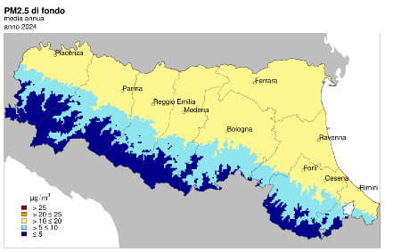 Figura 4: Distribuzione territoriale regionale della stima della concentrazione media annuale del PM2,5 (2024) 