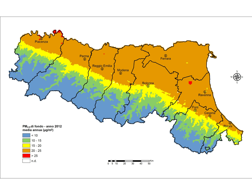 PM 2,5 - Distribuzione territoriale regionale della stima della concentrazione media annuale (2012)
