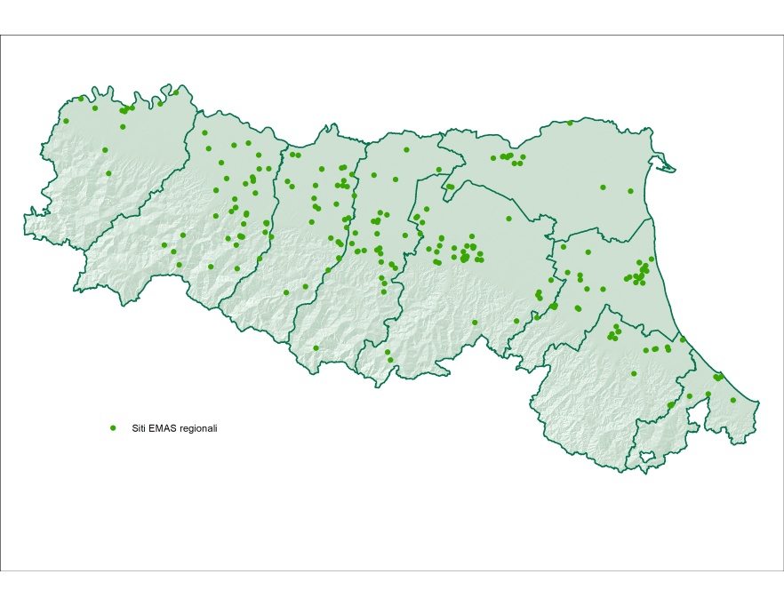 Distribuzione territoriale delle registrazioni EMAS rilasciate a siti, in Emilia-Romagna (2023) 