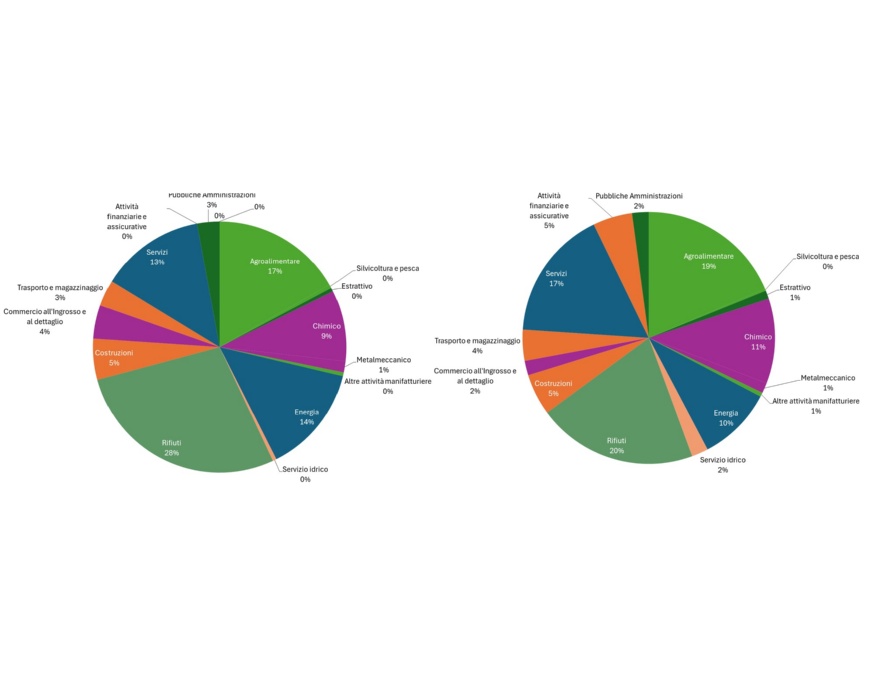 Ripartizione percentuale per tipologia di settore delle registrazioni EMAS rilasciate a organizzazioni e siti, in Emilia-Romagna (2024) 