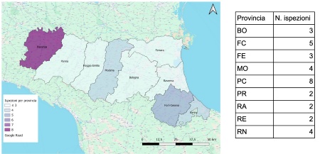 Figura 1:  Distribuzione territoriale, provinciale, del numero di ispezioni effettuate sugli impianti di gestione rifiuti (2024)