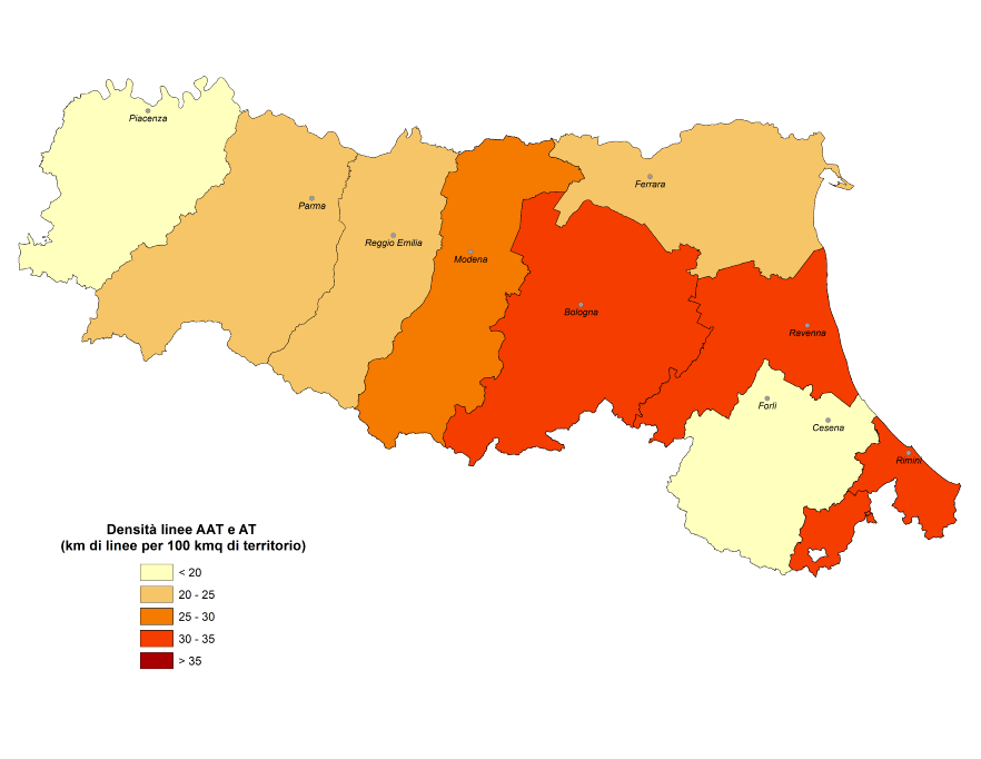 Mappa densità provinciale linee AAT e AT (2018)