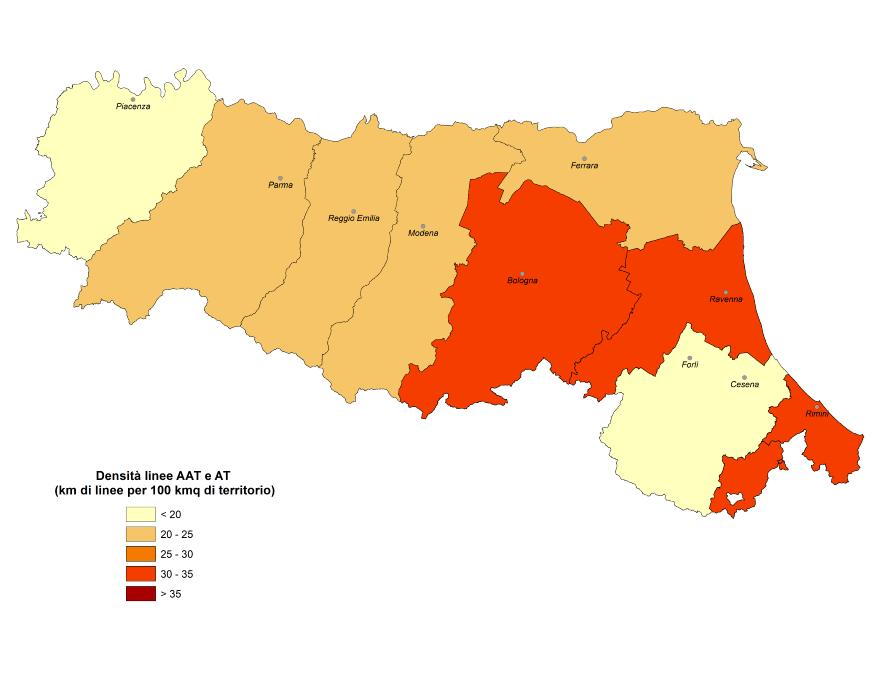 Mappa densità provinciale linee AAT e AT (2019)