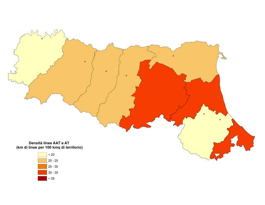 Mappa densità provinciale linee AAT e AT (2021)