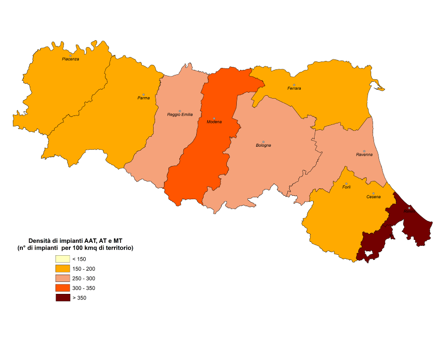 Mappa densità provinciale impianti AAT, AT e MT (2020)