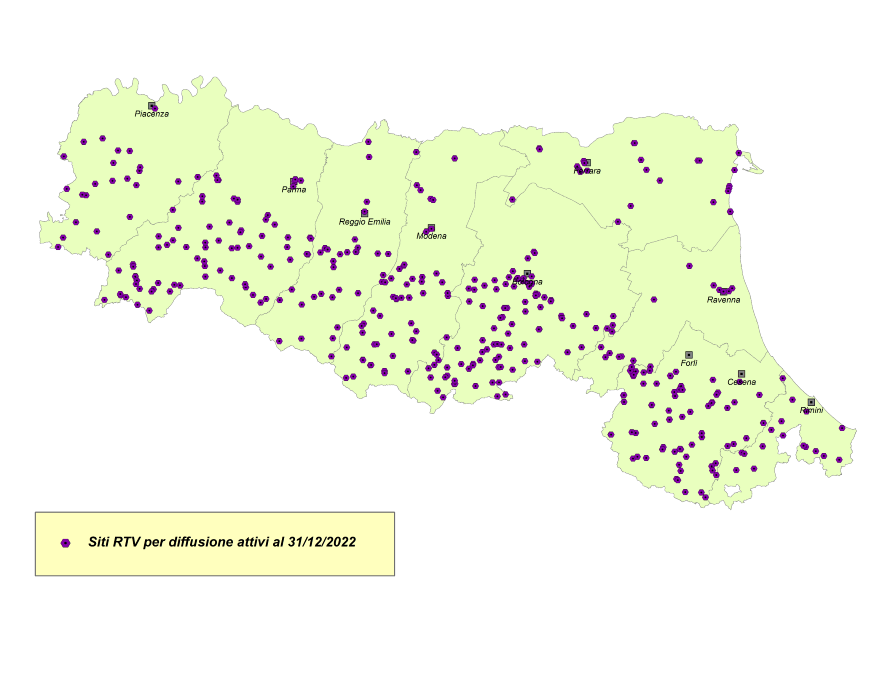 Cartina siti radiotelevisivi con impianti di diffusione (RTV) sul territorio regionale (2022)