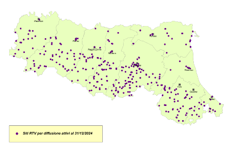 Figura 2: Siti radiotelevisivi con impianti di diffusione (RTV) presenti sul territorio regionale (2024)