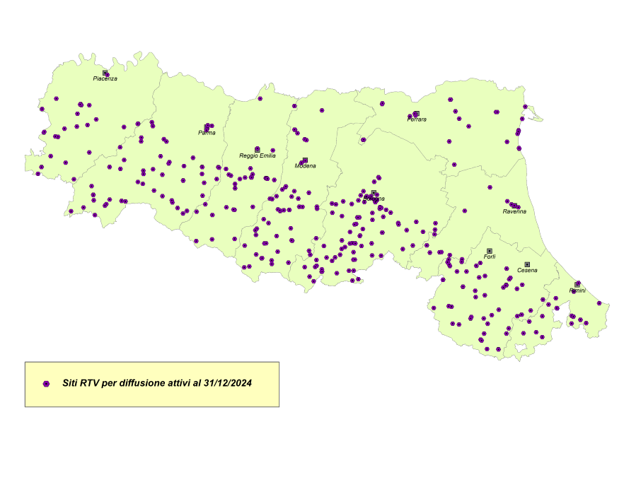 Cartina siti radiotelevisivi con impianti di diffusione (RTV) sul territorio regionale (2024)