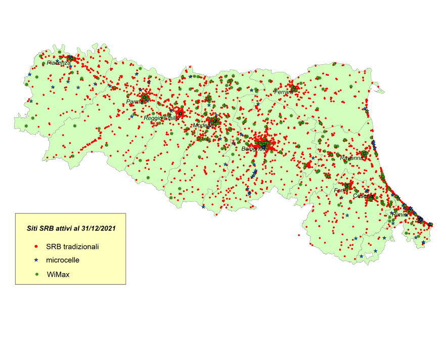 Cartina siti per telefonia mobile sul territorio regionale, per tipo di impianti (SRB tradizionale, microcella, wimax) (2021)