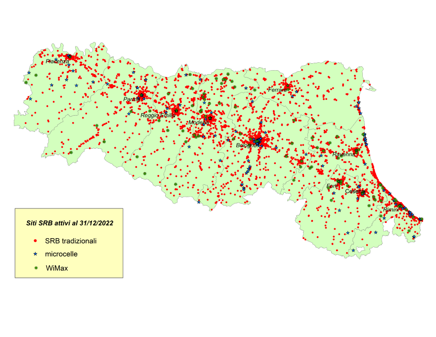 Cartina siti per telefonia mobile sul territorio regionale, per tipo di impianti (SRB tradizionale, microcella, wimax) (2022)