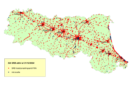 Figura 1: Siti per telefonia mobile presenti sul territorio regionale, distinti per tipo di impianti (SRB tradizionale, microcella, wimax) (2024)