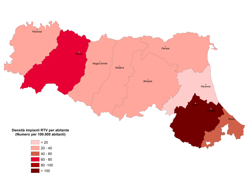 Mappa densità provinciale degli impianti RTV per numero di abitanti (2022)