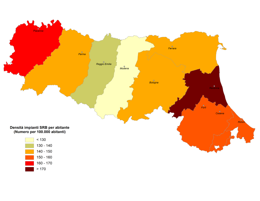 Mappa densità provinciale degli impianti SRB per numero di abitanti (2022)