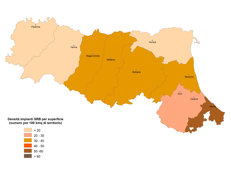 Mappa densità provinciale degli impianti SRB per superficie territoriale (2022)