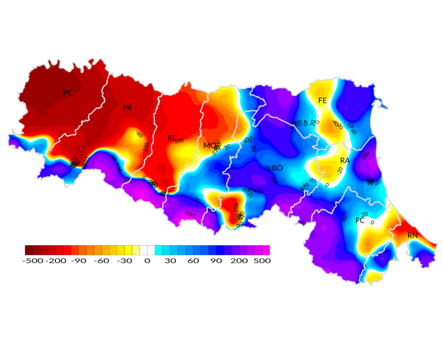 Distribuzione territoriale dell'anomalia della precipitazione totale, dell’anno 2023, rispetto al clima 1991-2020  