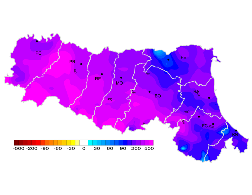 Distribuzione territoriale dell'anomalia della precipitazione totale, dell’anno 2023, rispetto al clima 1991-2020