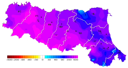 Figura 1: Distribuzione territoriale dell'anomalia della precipitazione totale, dell’anno 2024, rispetto al clima 1991-2020  