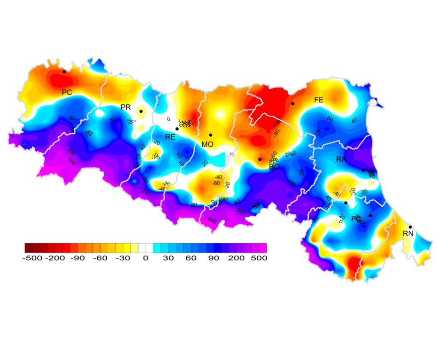 Distribuzione territoriale dell'anomalia della precipitazione totale, dell’anno 2025, rispetto al clima 1991-2020 