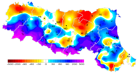 Figura 1: Distribuzione territoriale dell'anomalia della precipitazione totale, dell’anno 2025, rispetto al clima 1991-2020  
