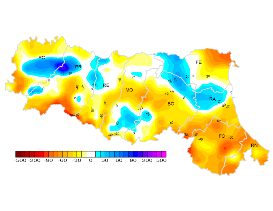 Anomalia delle precipitazioni - valori medi estate (2022)