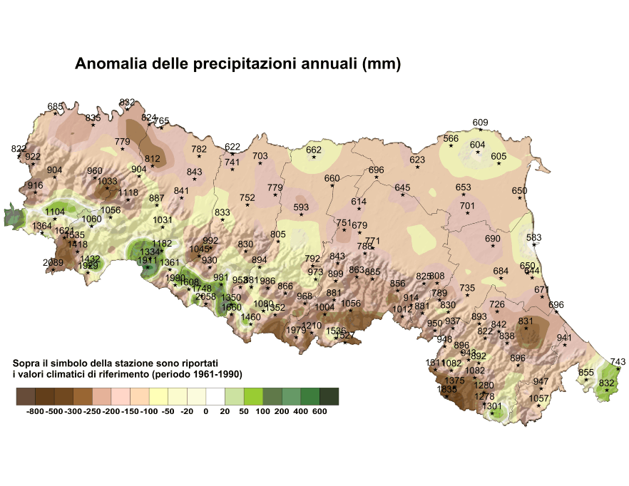 Distribuzione territoriale dell'anomalia della precipitazione totale, dell’anno 2012, rispetto al clima 1961-1990  