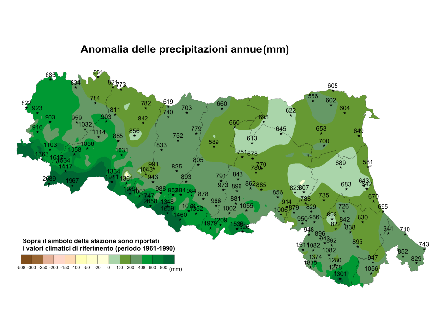 Distribuzione territoriale dell'anomalia della precipitazione totale, dell’anno 2014, rispetto al clima 1961-1990  