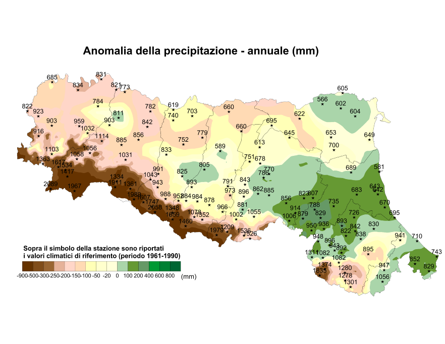 Distribuzione territoriale dell'anomalia della precipitazione totale, dell’anno 2015, rispetto al clima 1961-1990  