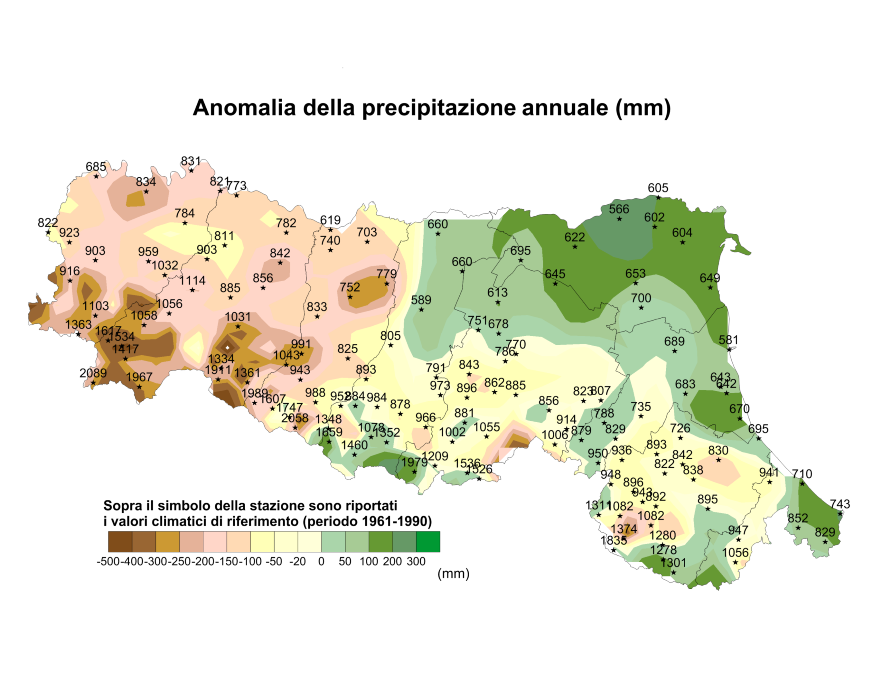 Distribuzione territoriale dell'anomalia della precipitazione totale, dell’anno 2016, rispetto al clima 1961-1990  