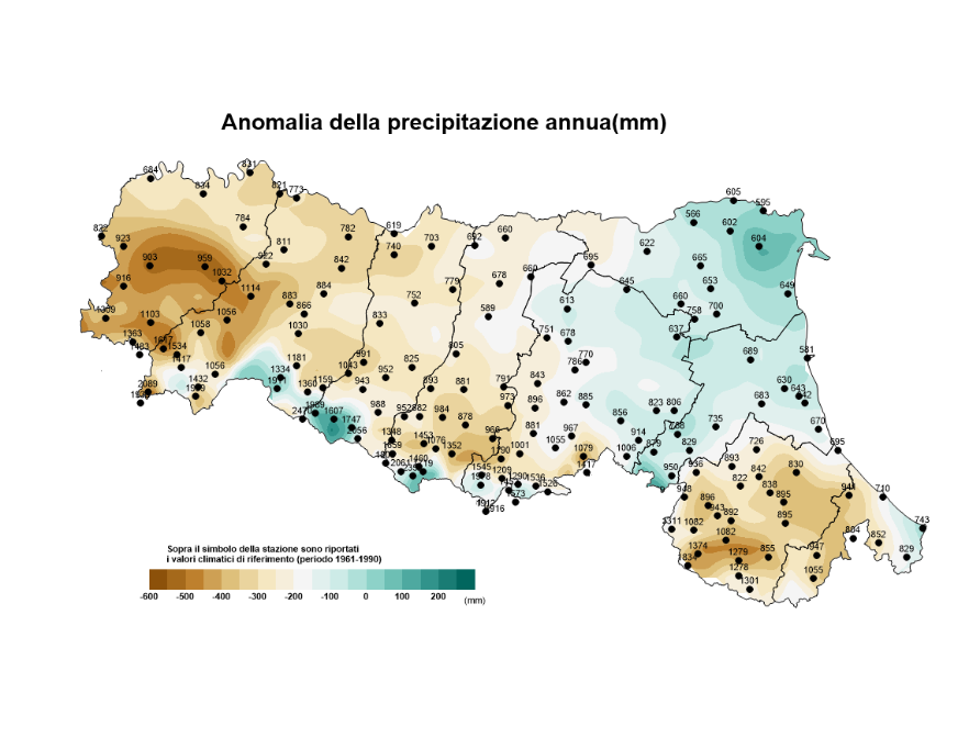 Distribuzione territoriale dell'anomalia della precipitazione totale, dell’anno 2017, rispetto al clima 1961-1990  
