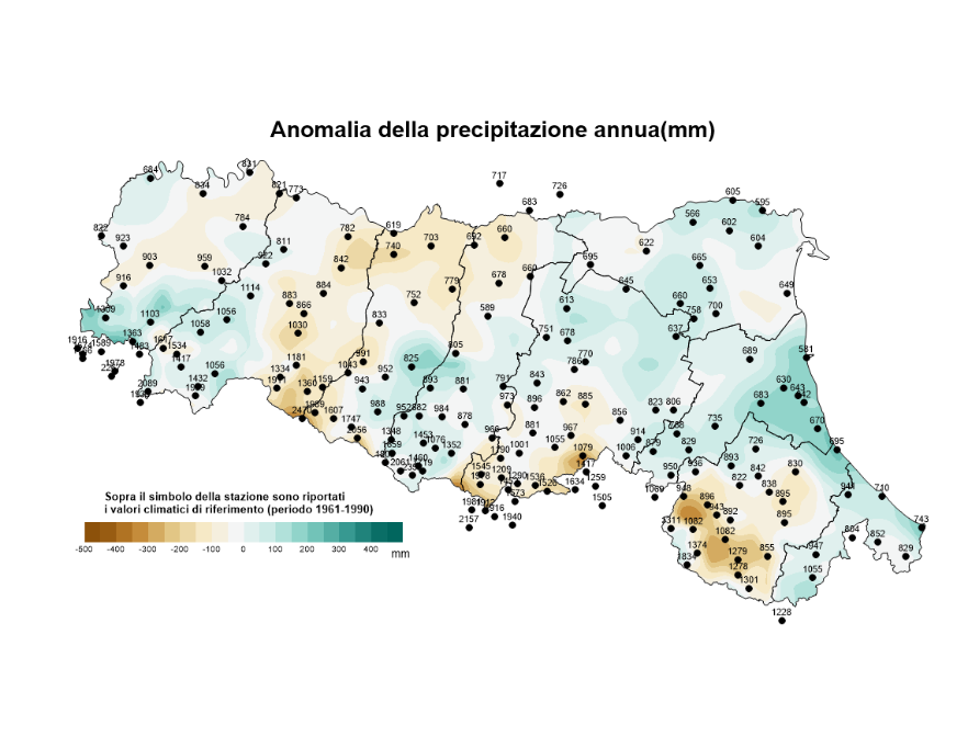 Distribuzione territoriale dell'anomalia della precipitazione totale, dell’anno 2018, rispetto al clima 1961-1990  