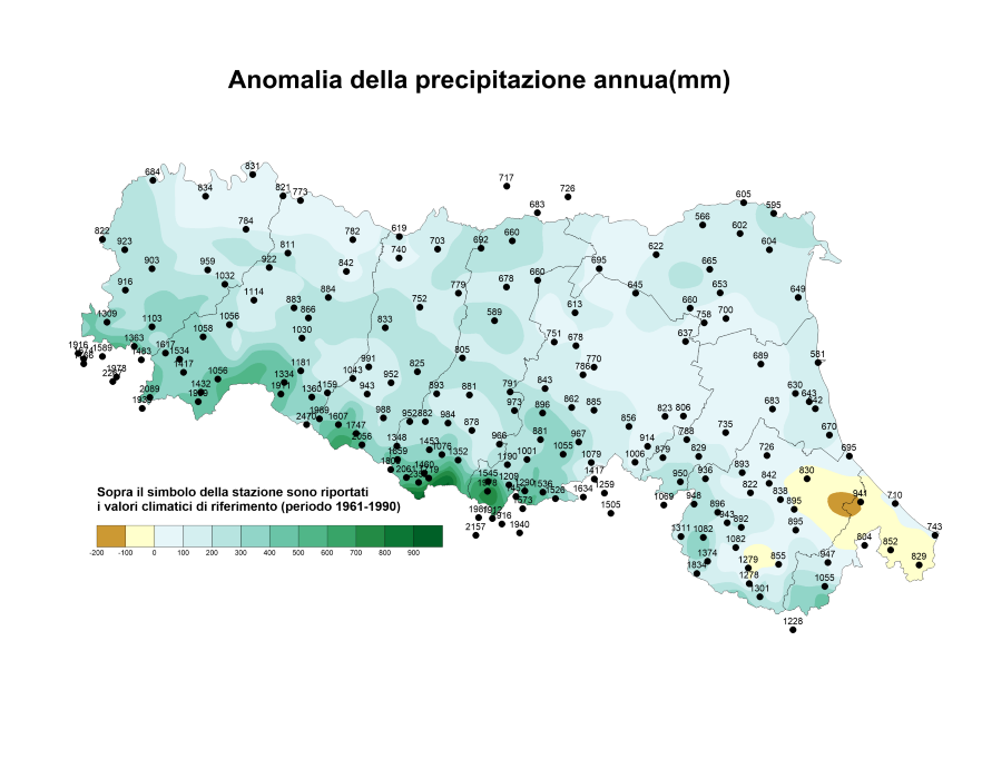 Distribuzione territoriale dell'anomalia della precipitazione totale, dell’anno 2019, rispetto al clima 1961-1990  