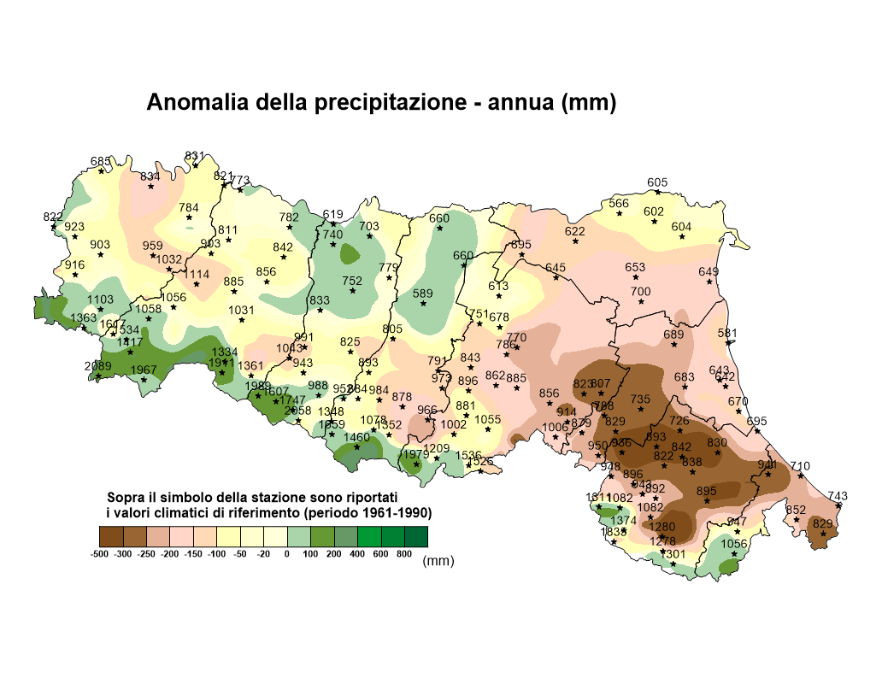 Distribuzione territoriale dell'anomalia della precipitazione totale, dell’anno 2020, rispetto al clima 1961-1990  