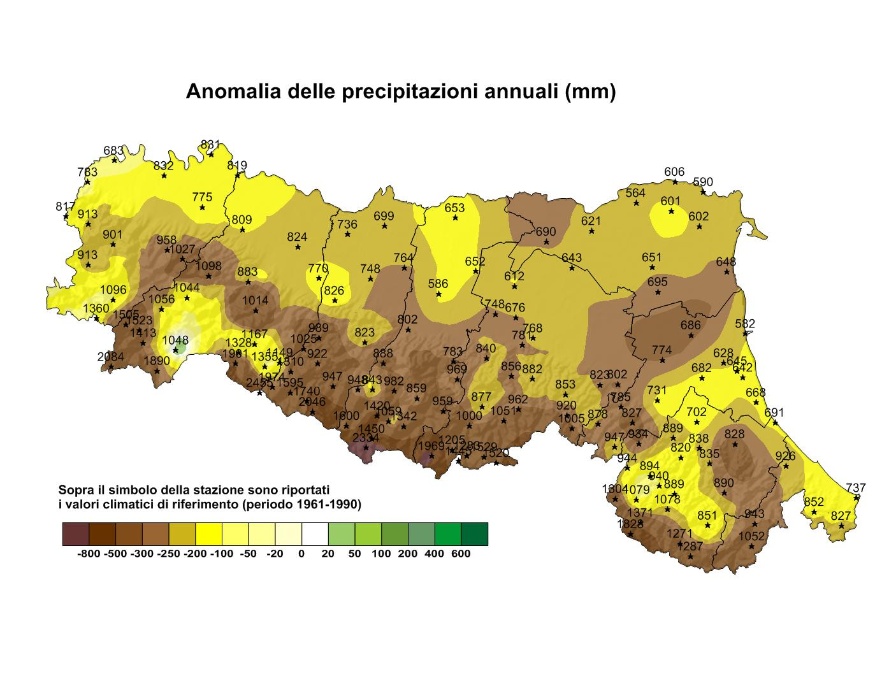 Distribuzione territoriale dell'anomalia della precipitazione totale, dell’anno 2011, rispetto al clima 1961-1990  