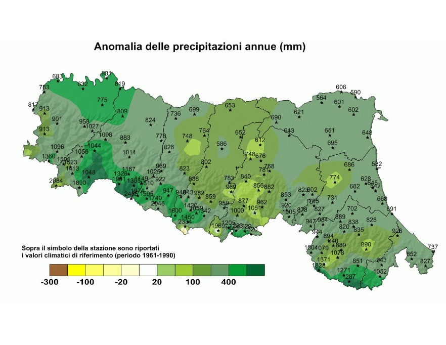 Distribuzione territoriale dell'anomalia della precipitazione totale, dell’anno 2010, rispetto al clima 1961-1990  