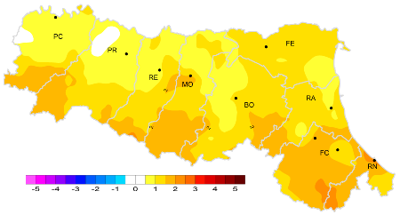 Figura 3:  Distribuzione territoriale dell'anomalia della media della temperatura massima (°C) dell’anno 2024, rispetto al clima 1991-2020