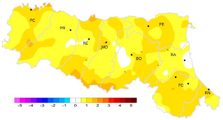 Figura 3:  Distribuzione territoriale dell'anomalia della media della temperatura massima (°C) dell’anno 2025, rispetto al clima 1991-2020