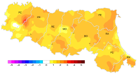 Figura 1: Distribuzione territoriale dell'anomalia della media della temperatura minima (°C) dell’anno 2024, rispetto al clima 1991-2020