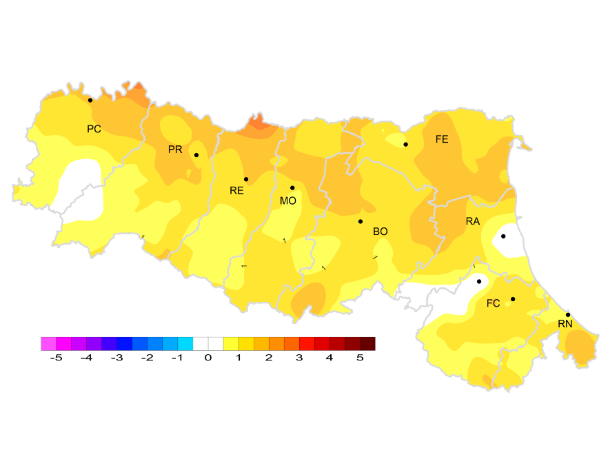 Distribuzione territoriale dell'anomalia della media della temperatura minima (°C) dell’anno 2025, rispetto al clima 1991-2020