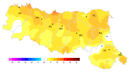 Figura 1: Distribuzione territoriale dell'anomalia della media della temperatura minima (°C) dell’anno 2025, rispetto al clima 1991-2020